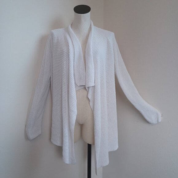 Eileen Fisher Cardigan Sweater White Linen Open Front Waterfall Style Womens L - Picture 2 of 11